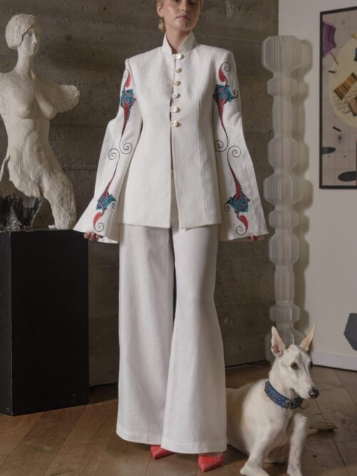 Marynarka lniana damska biała z haftem i spodnie lniane damskie białe