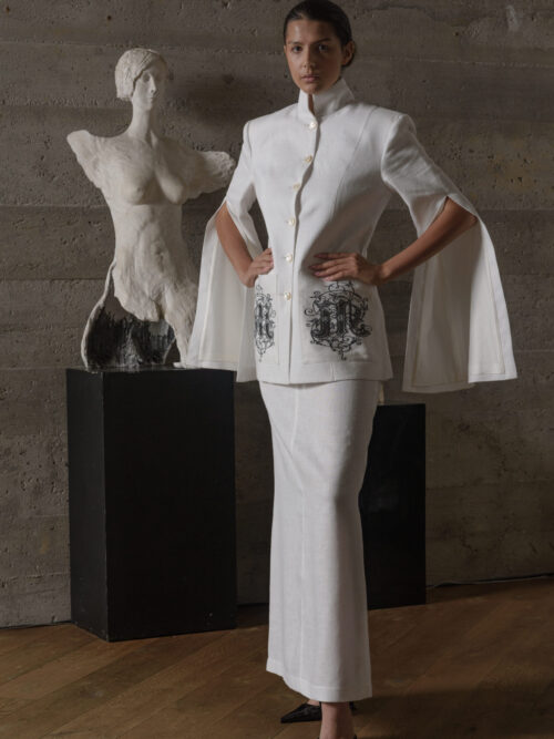 Marynarka lniana damska z haftem i spódnica lniana