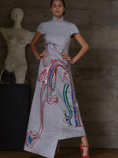 Sukienka lniana szara z nadrukiem