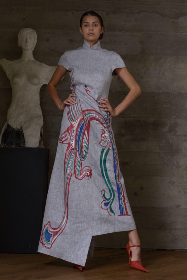 Sukienka lniana szara z nadrukiem