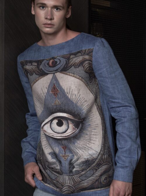 Bluza lniana niebieska unisex z nadrukiem