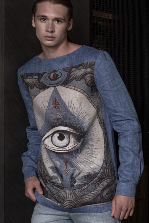 Bluza lniana niebieska unisex z nadrukiem