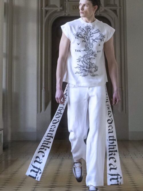 Bluza lniana biała unisex z haftem i spodnie lniane białe unisex