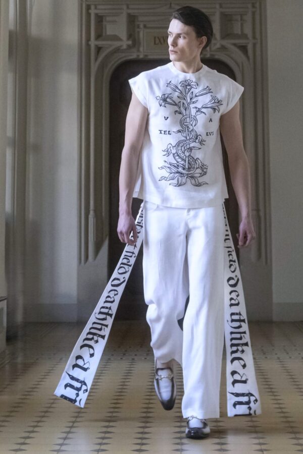 Bluza lniana biała unisex z haftem i spodnie lniane białe unisex