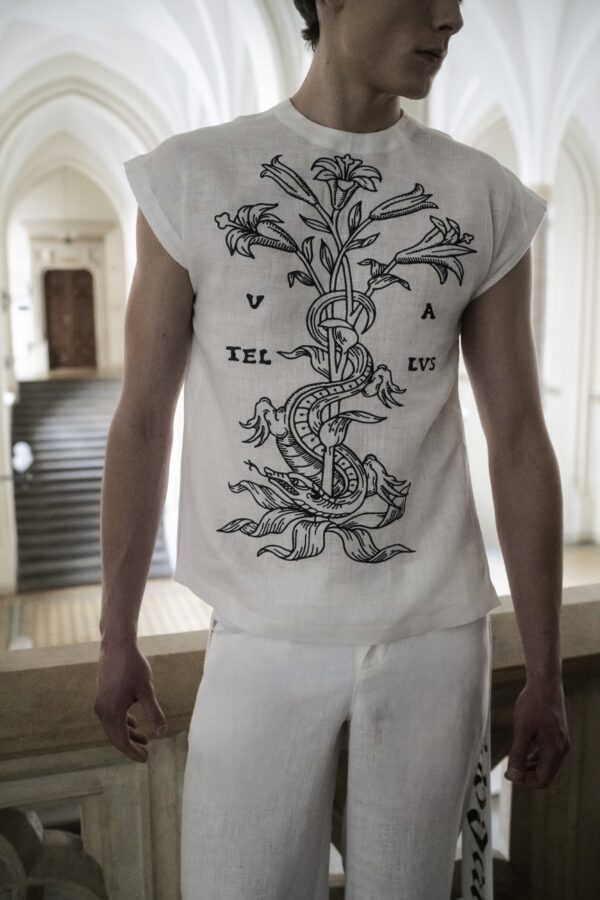 Bluza lniana biała unisex z haftem i spodnie lniane białe unisex