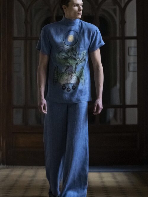 Bluza lniana unisex niebieska z nadrukiem i spodnie lniane unisex niebieskie