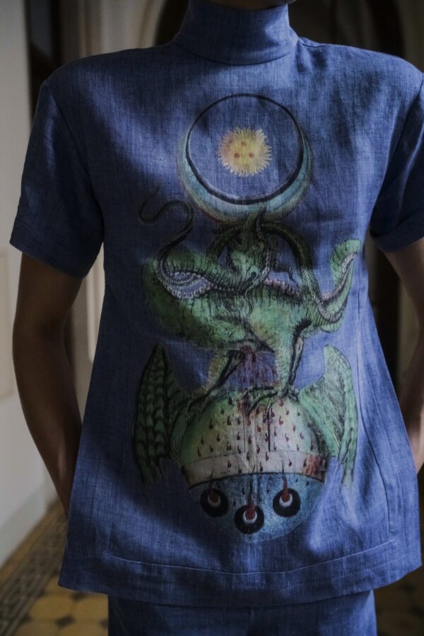 Bluza lniana unisex niebieska z nadrukiem i spodnie lniane unisex niebieskie