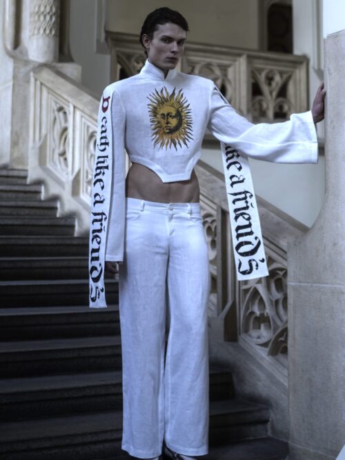 Top lniany biały unisex z nadrukiem i spodnie lniane białe unisex