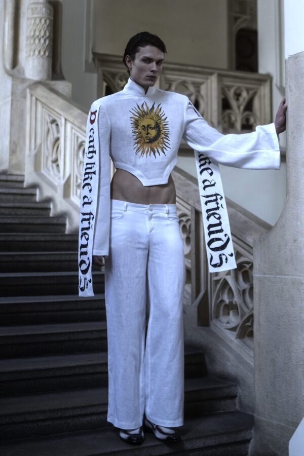 Top lniany biały unisex z nadrukiem i spodnie lniane białe unisex