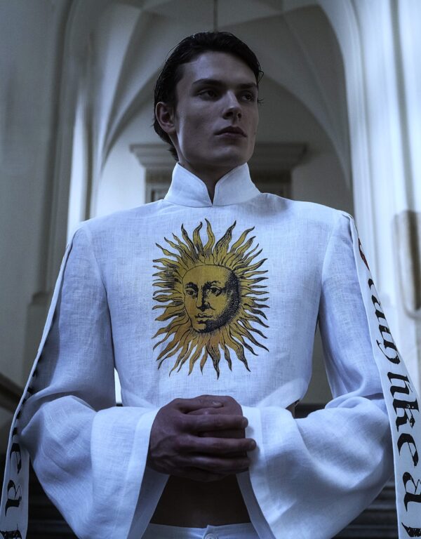 Top lniany biały unisex z nadrukiem i spodnie lniane białe unisex