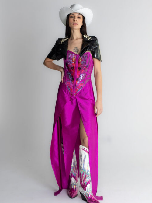 Sukienka jedwabna z gorsetem fuksja