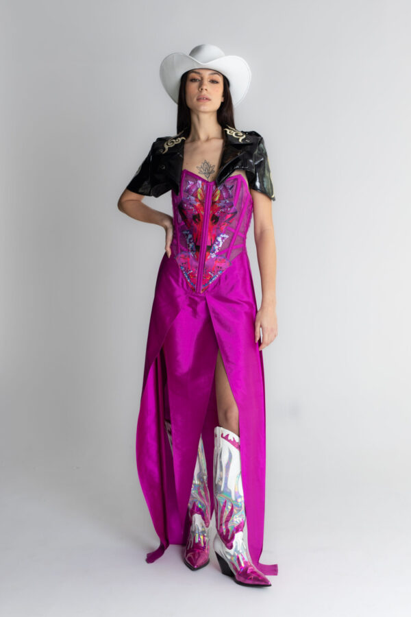 Sukienka jedwabna z gorsetem fuksja