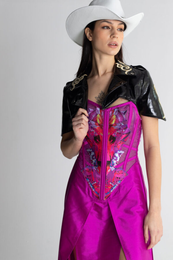 Sukienka jedwabna z gorsetem fuksja