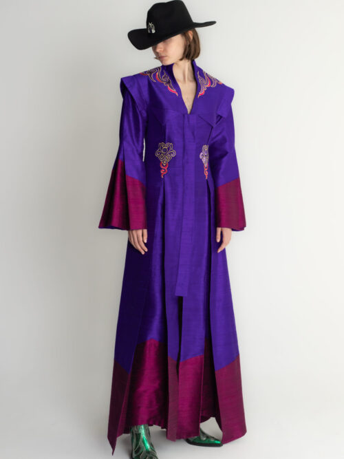 Płaszcz lekki jedwabny damski fioletowy bordo