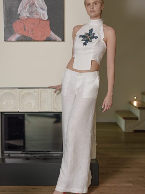 Top lniany damski biały z haftem