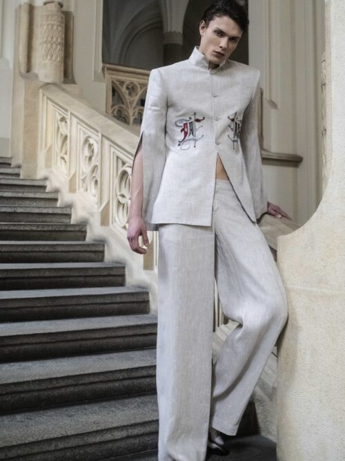 Garnitur lniany beżowy unisex z haftem