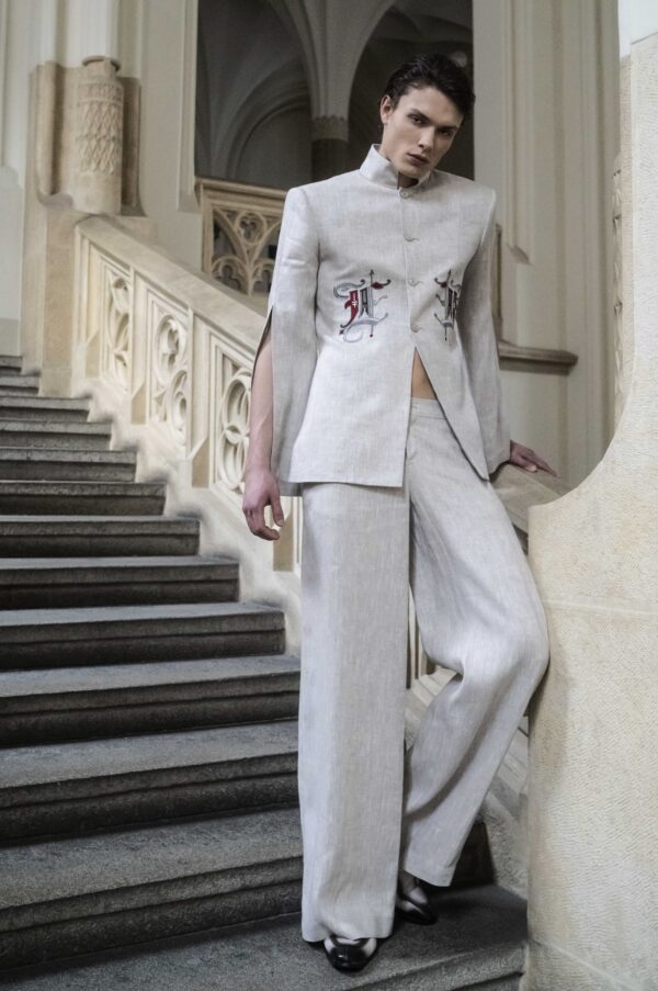 Garnitur lniany beżowy unisex z haftem