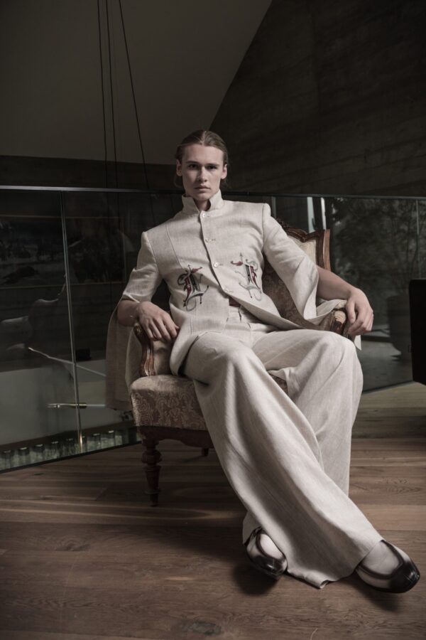 Garnitur lniany beżowy unisex z haftem