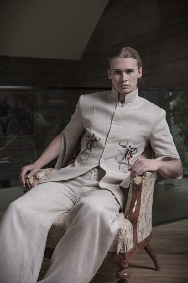 Garnitur lniany beżowy unisex z haftem