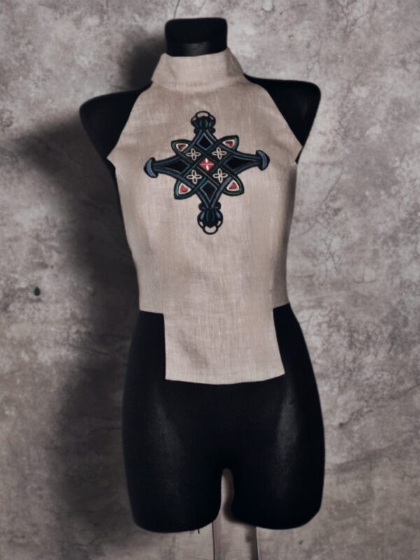 Top lniany damski beżowy z haftem